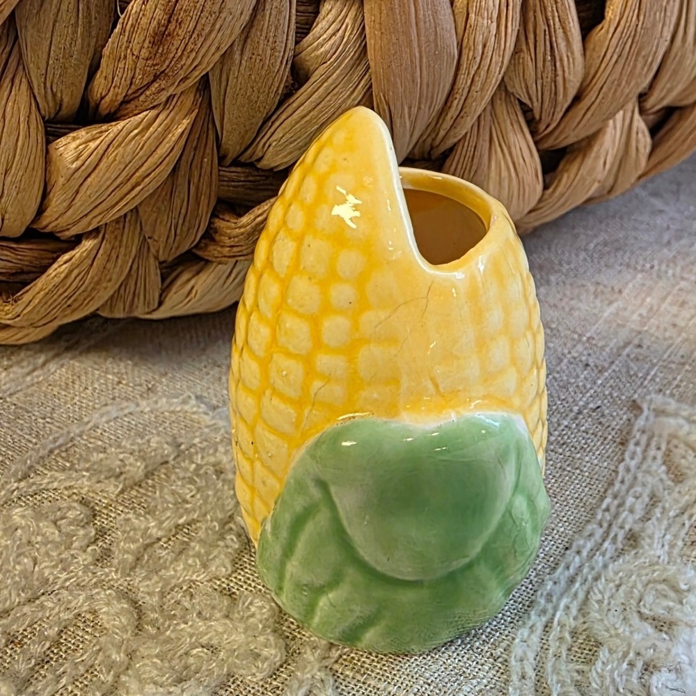 Vintage Ceramic Mini Corn Cob Toothpick Holder Bud Vase Yellow Green - Picture 2 of 5